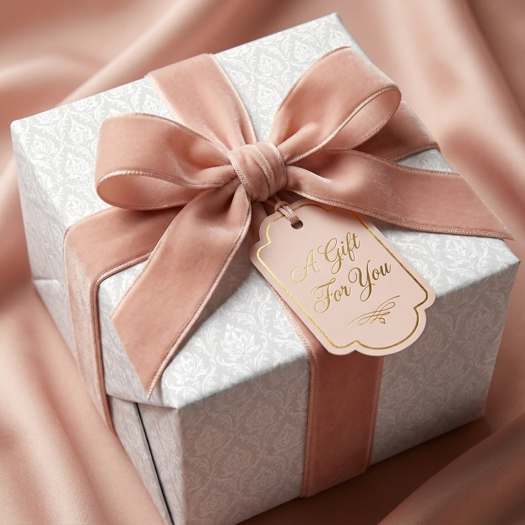 Elegant damask wedding wrapping paper with a blush pink velvet bow and gift tag, by Wrapped Studios.