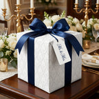 Elegant damask wedding wrapping paper with navy blue satin bow and Mr. & Mrs. tag by Wrapped Studios.