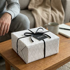 Luxury grey damask wrapping paper on a gift box with a black bow and XOXO tag by Wrapped Studios.