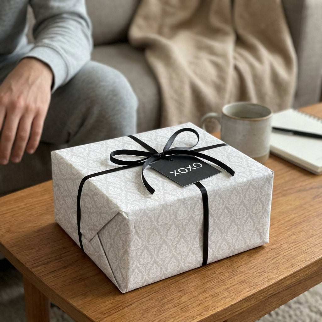 Luxury grey damask wrapping paper on a gift box with a black bow and XOXO tag by Wrapped Studios.