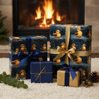 Duck-themed baby shower wrapping paper with gold and navy ribbon, presents by a warm fireplace.