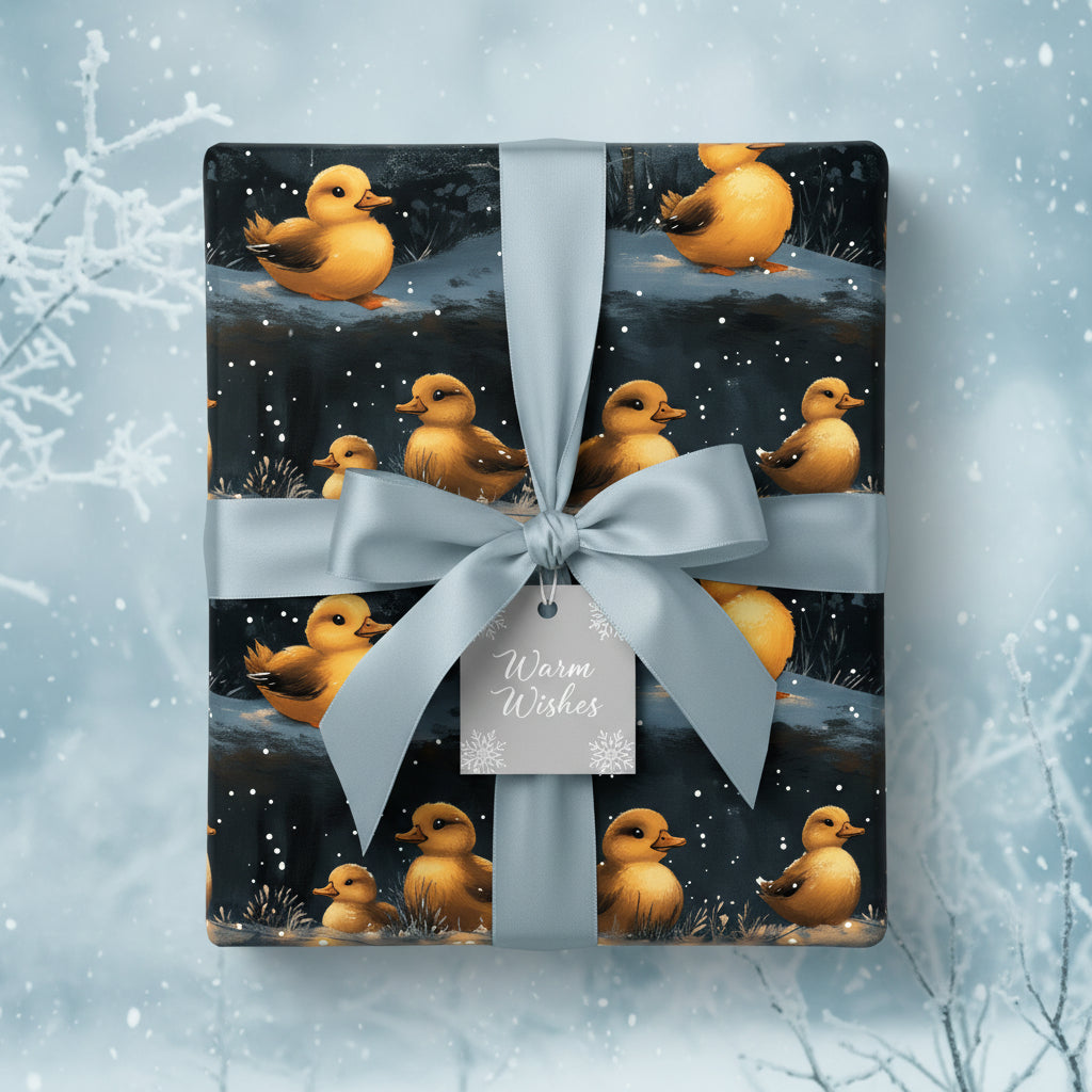 Festive baby shower gift wrap with adorable ducks, tied with a silvery-blue satin ribbon and "Warm Wishes" tag.
