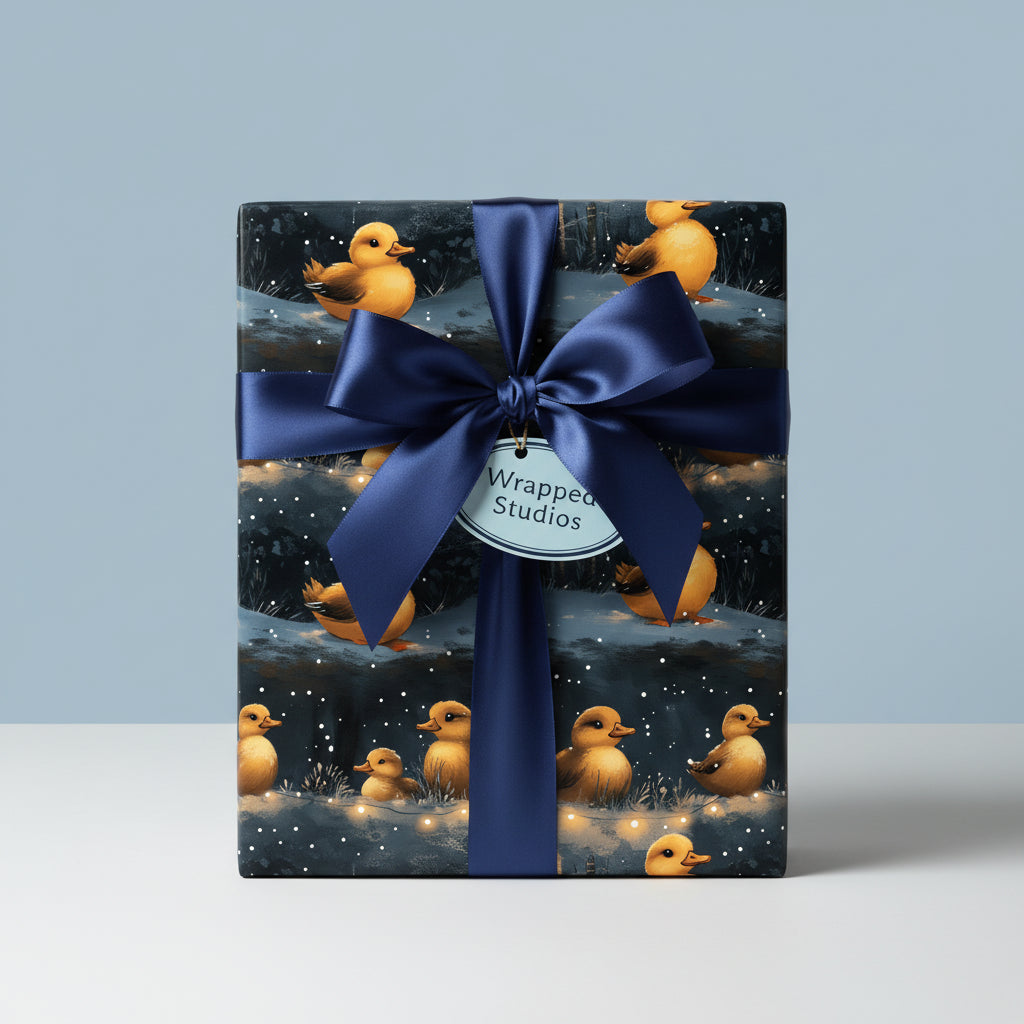 Cute baby shower wrapping paper featuring ducklings and string lights, tied with a navy blue satin ribbon.