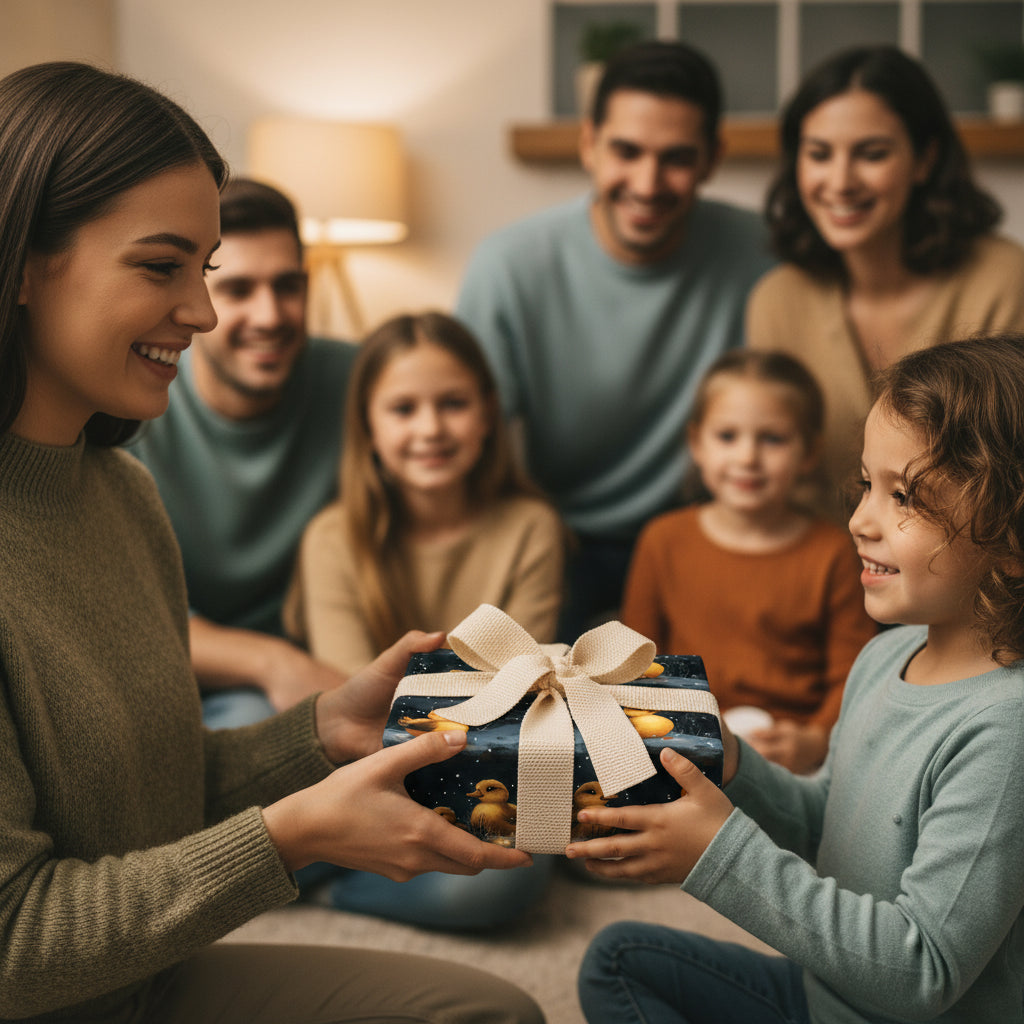 Family gift exchange with cute duckling-patterned birthday wrapping paper and cream-colored ribbon.