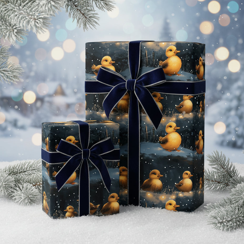 Two gifts wrapped in baby duck winter wrapping paper with velvet blue ribbons.
