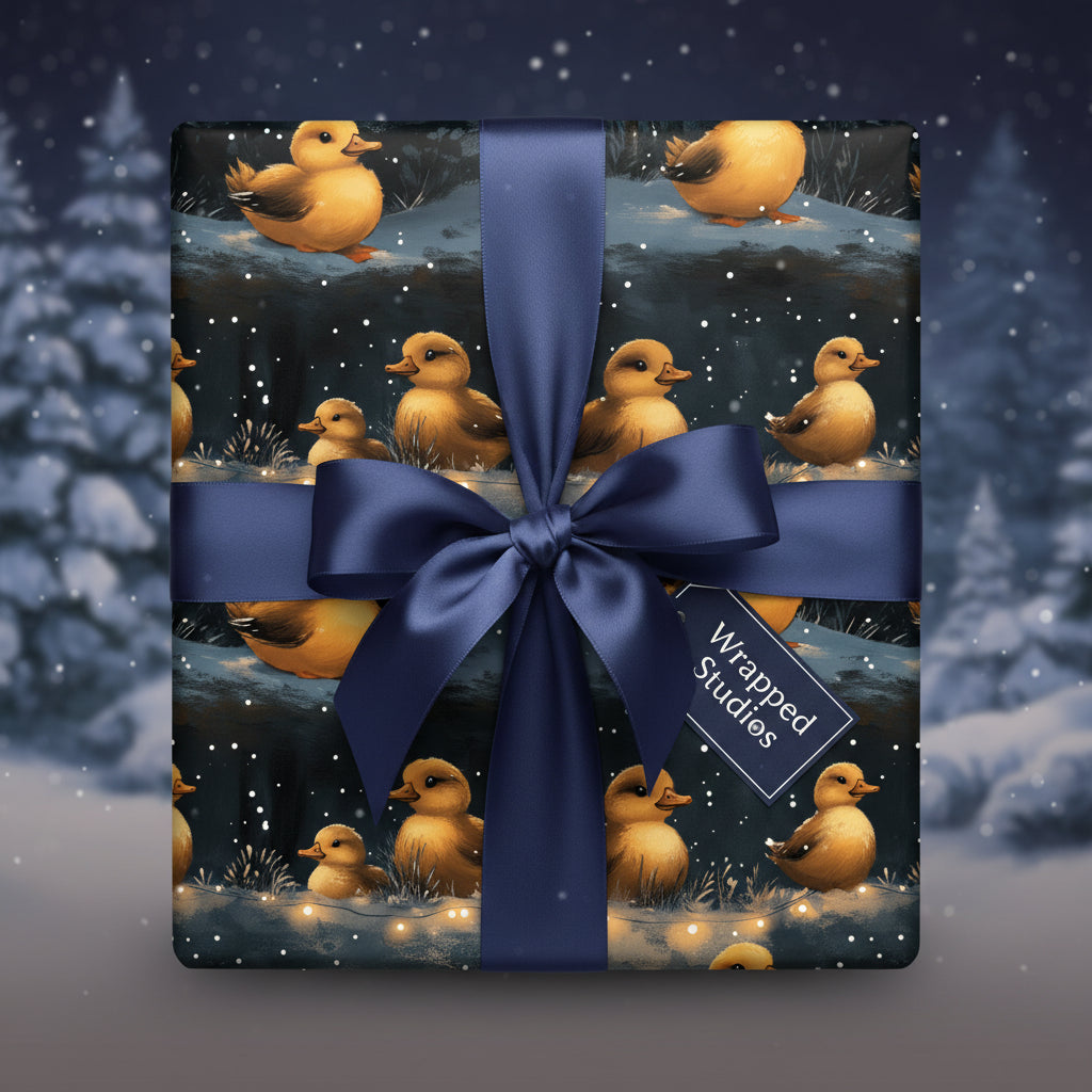Gift box wrapped in whimsical duckling pattern wrapping paper with navy ribbon and wintery backdrop.