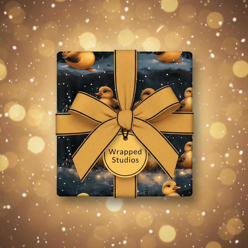 Elegant gift wrapped in illustrated duck wrapping paper with a gold ribbon and bow.