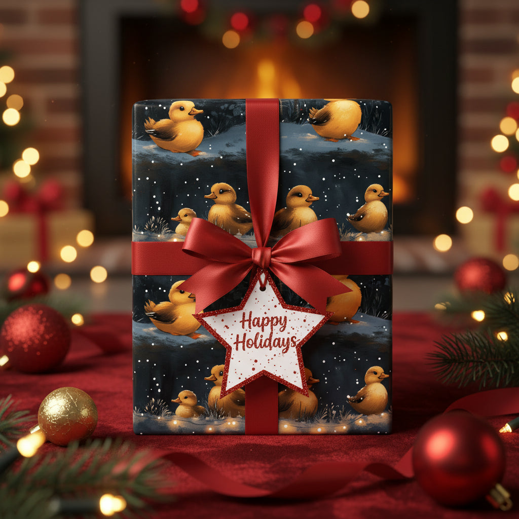 Christmas gift wrapped in duck-themed holiday wrapping paper with a red ribbon.