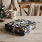 Square gift wrapped in duck pattern paper with silver ribbon & charm; baby shower wrapping paper.