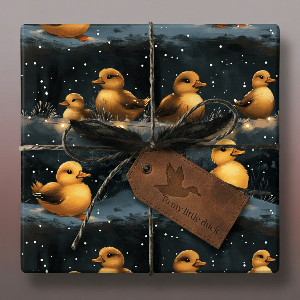 Gift wrapped in duck print paper with twine, feather, and tag that says "To my little duck."