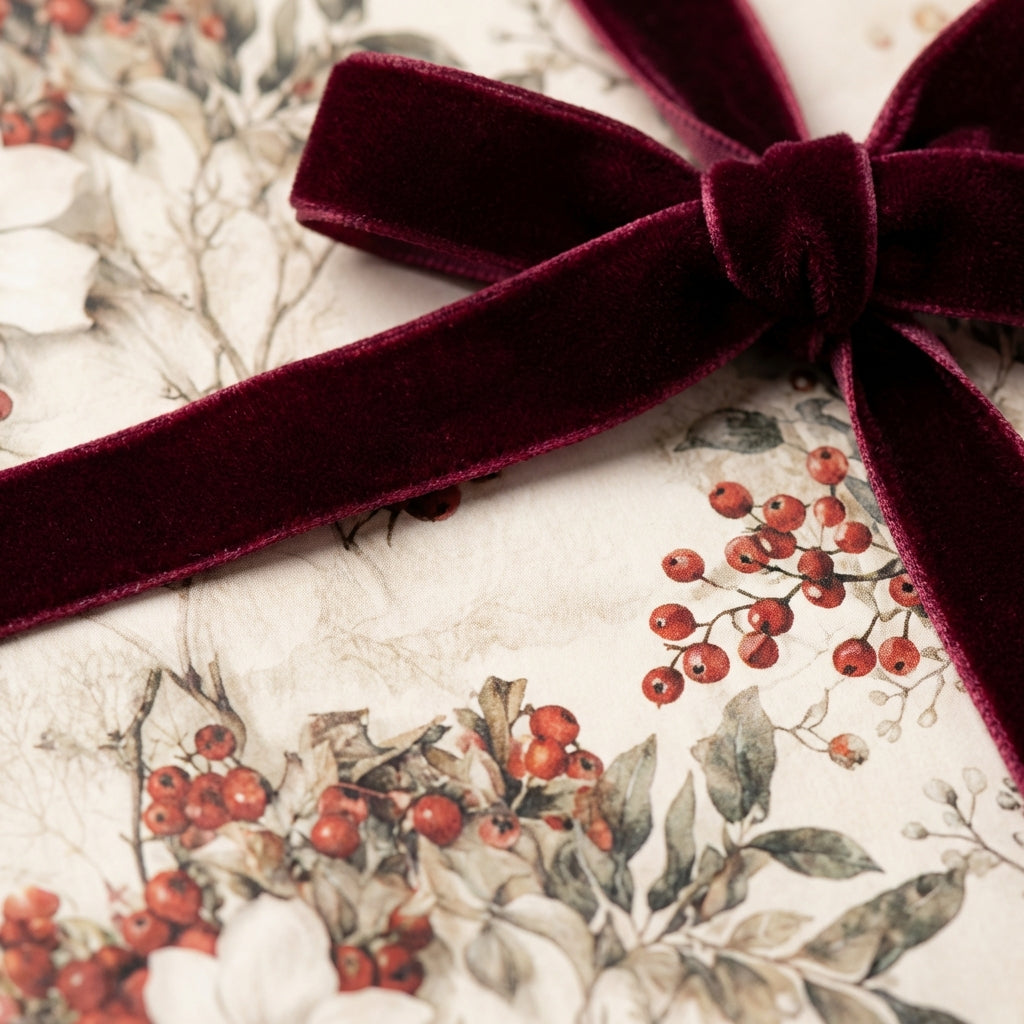 Floral wrapping paper with red berries and a velvet ribbon bow, perfect for Christmas or winter gifting.