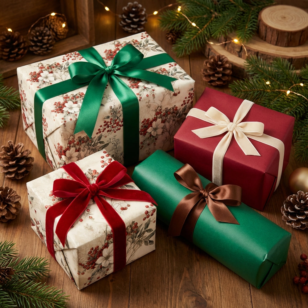 Elegant Christmas gift wrap: Floral paper with green and red ribbons on wooden table setting.