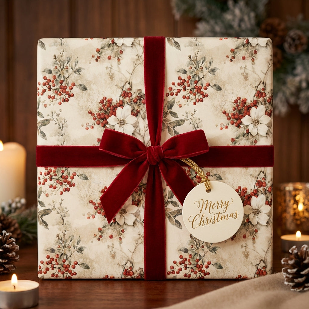 Elegant Christmas gift wrap with floral design and red velvet ribbon from Wrapped Studios.