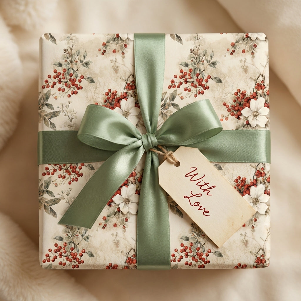 Elegant floral wrapping paper with sage ribbon and "With Love" tag.