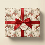 Wrapped Studios floral wrapping paper. Elegant gift wrap with red berries and a red satin bow.