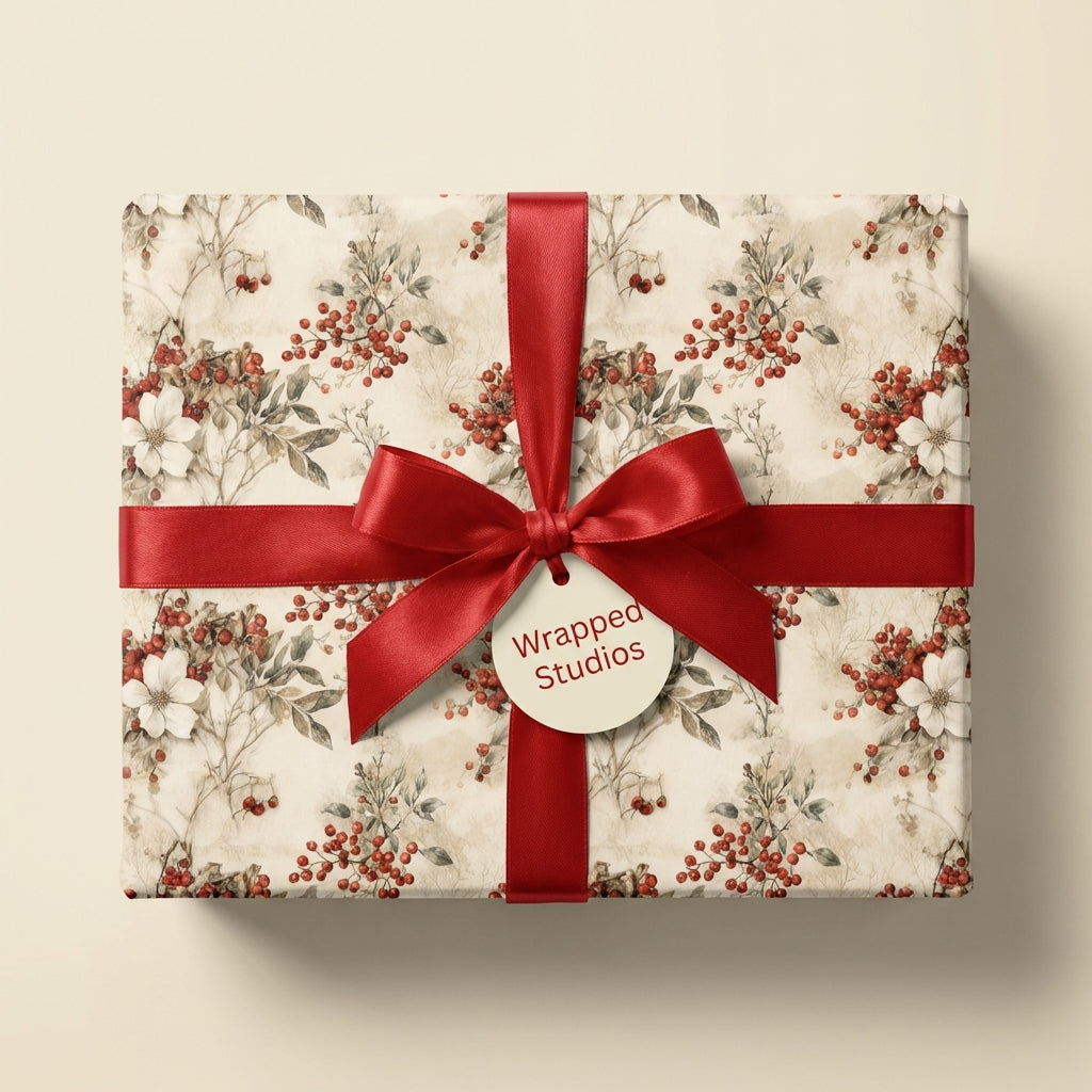 Wrapped Studios floral wrapping paper. Elegant gift wrap with red berries and a red satin bow.