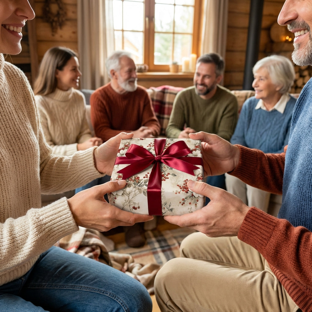 Cozy Christmas gift exchange with floral wrapping paper and burgundy ribbon.