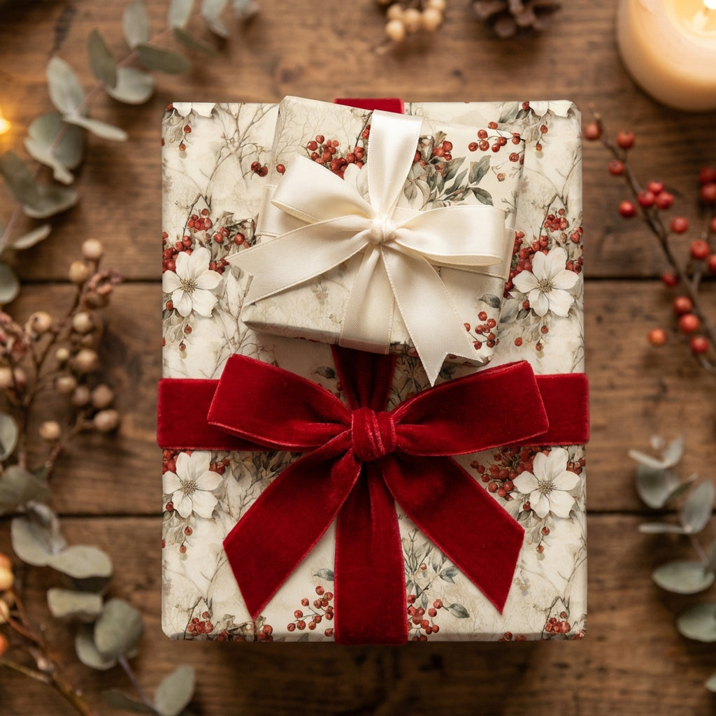 Elegant floral wrapping paper with red velvet ribbon and cream bow on a rustic wood surface.