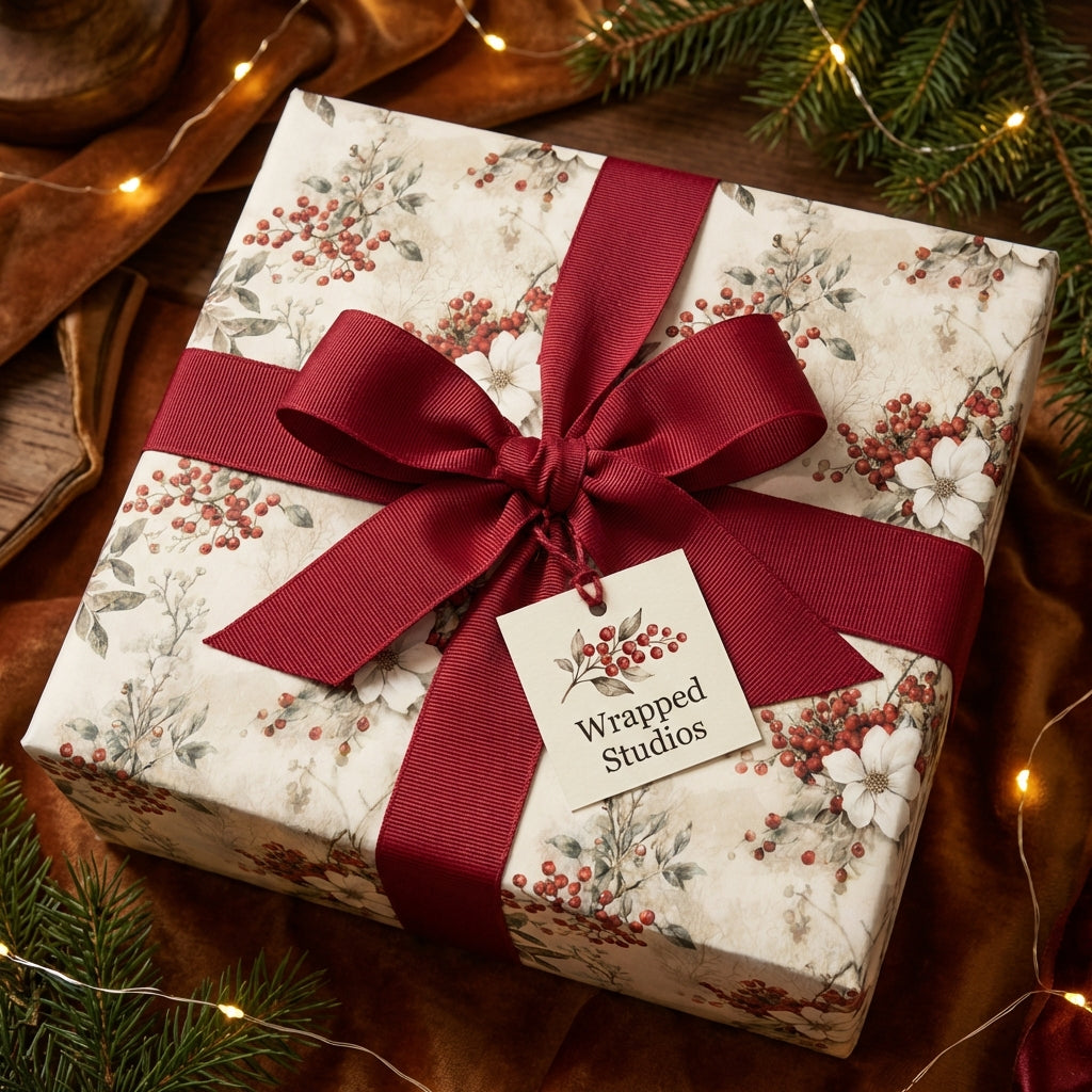 Elegant floral Christmas wrapping paper by Wrapped Studios with a red ribbon and berries.