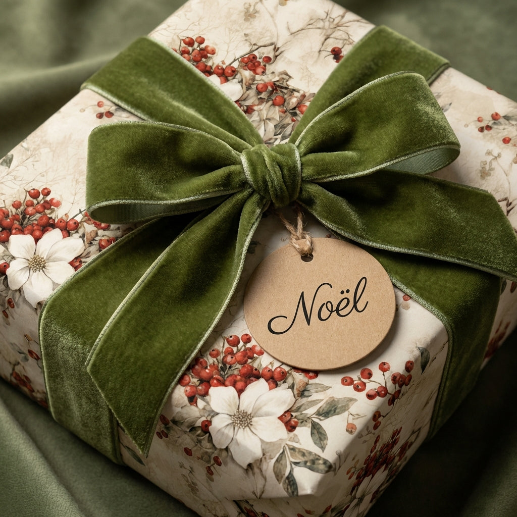 Elegant Christmas gift wrap with floral design, tied with an olive green velvet ribbon and "Noël" tag.