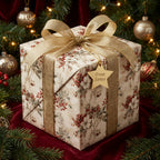 Elegant floral Christmas wrapping paper with gold ribbon bow and "From Santa" tag, by Wrapped Studios.