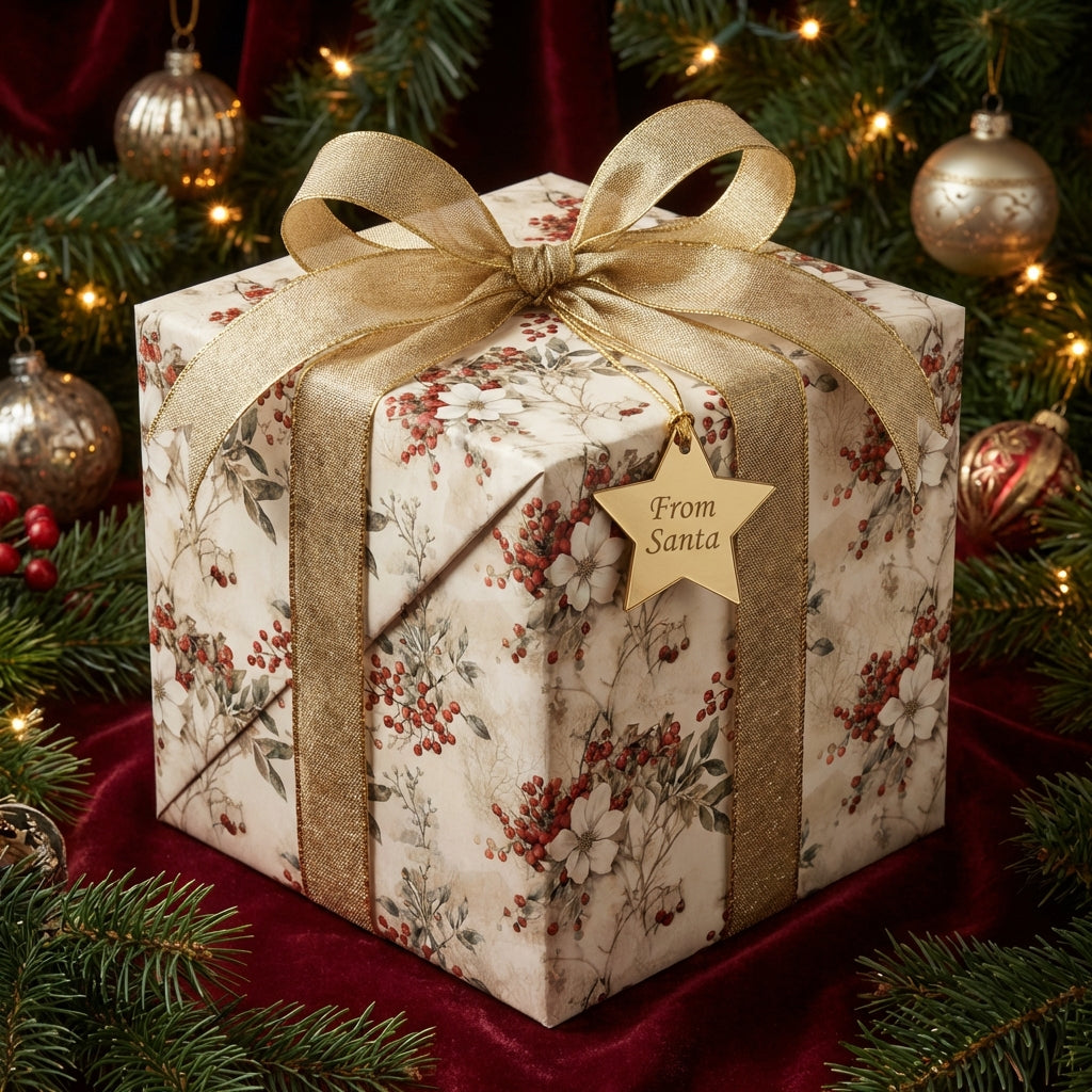 Elegant floral Christmas wrapping paper with gold ribbon bow and "From Santa" tag, by Wrapped Studios.