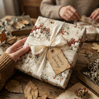 Hand holding gift wrapped in floral "Season's Greetings" paper, tied with cream ribbon, on a rustic wood table.