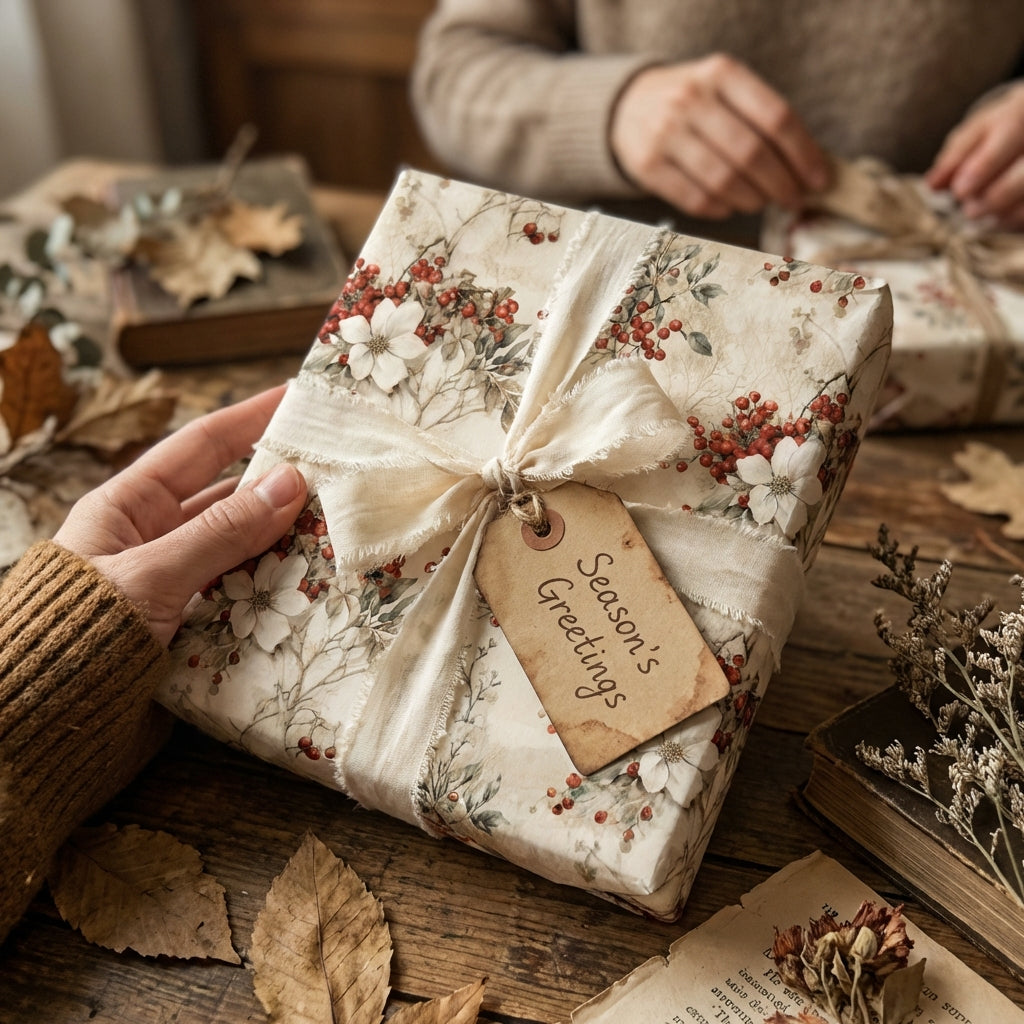 Hand holding gift wrapped in floral "Season's Greetings" paper, tied with cream ribbon, on a rustic wood table.