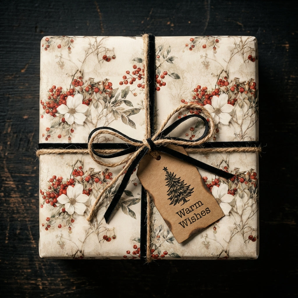 Elegant Christmas gift wrap with red berries and floral pattern, tied with velvet ribbon and twine.