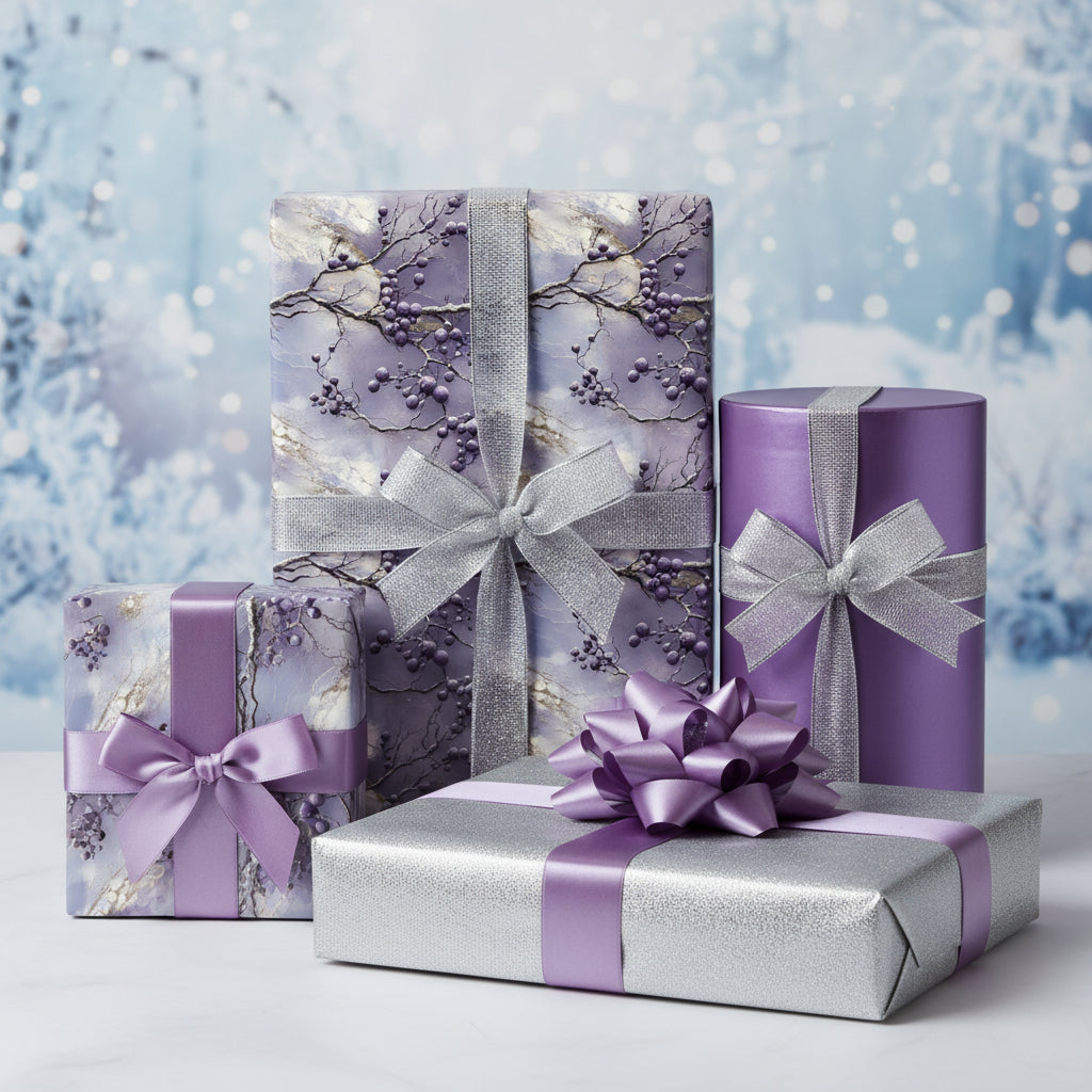 Elegant gifts wrapped in floral wrapping paper with silver and lavender ribbons for birthdays or Christmas.