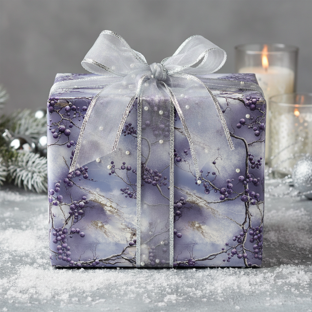 Elegant winter gift wrap with berry floral pattern, silver ribbon, and snowy Christmas decor.