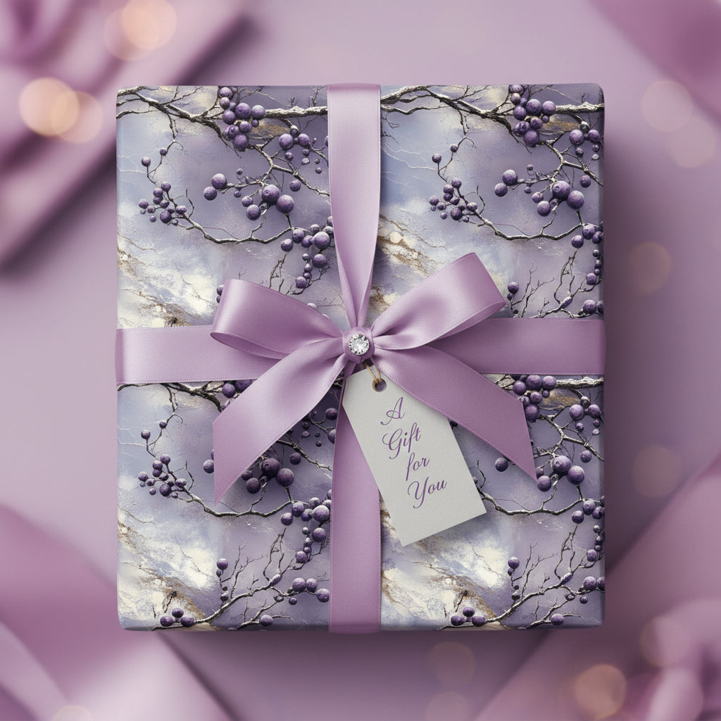 Elegant gift wrapped in floral wrapping paper with a lavender satin ribbon and "A Gift for You" tag.