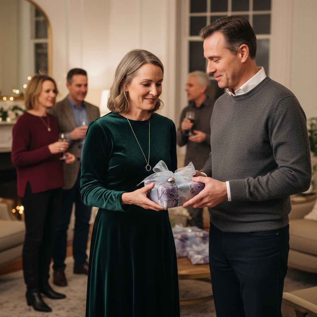 Elegant woman receiving a gift wrapped in lilac floral wrapping paper with sheer ribbon at a Christmas party.