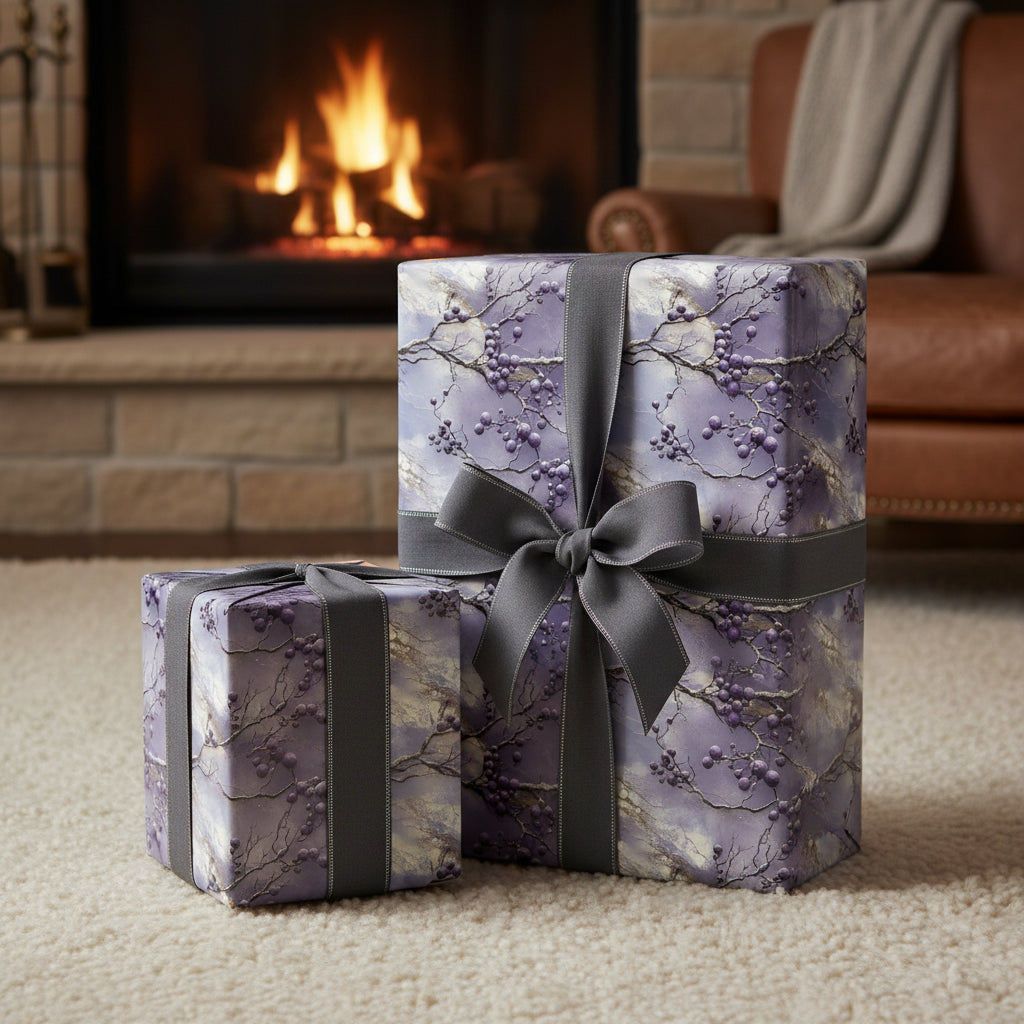 Elegant gifts wrapped in purple floral wrapping paper with gray ribbons, set by a fireplace.
