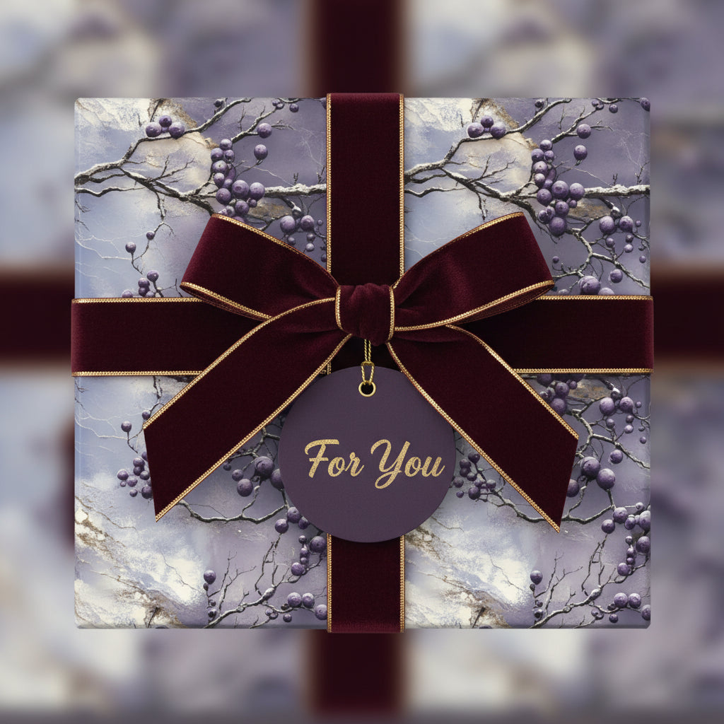 Elegant gift wrapped in floral wrapping paper with a burgundy velvet ribbon and a "For You" tag.
