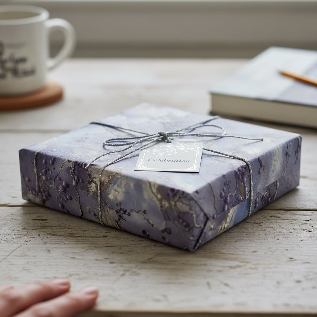 Square gift wrapped in elegant purple floral wrapping paper with silver string and "Celebration" tag.