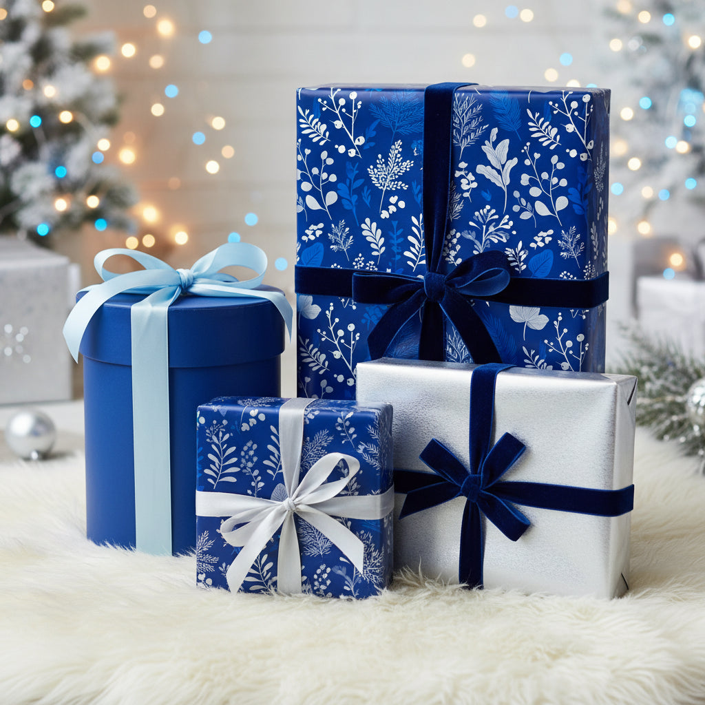Elegant blue floral wrapping paper on Christmas gifts with velvet ribbons and bows.