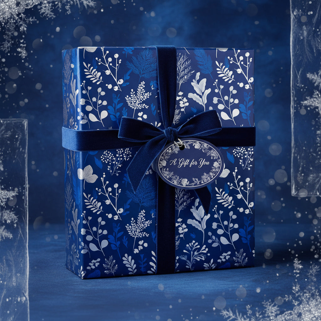 Elegant navy blue floral wrapping paper with velvet ribbon and "A Gift for You" tag.