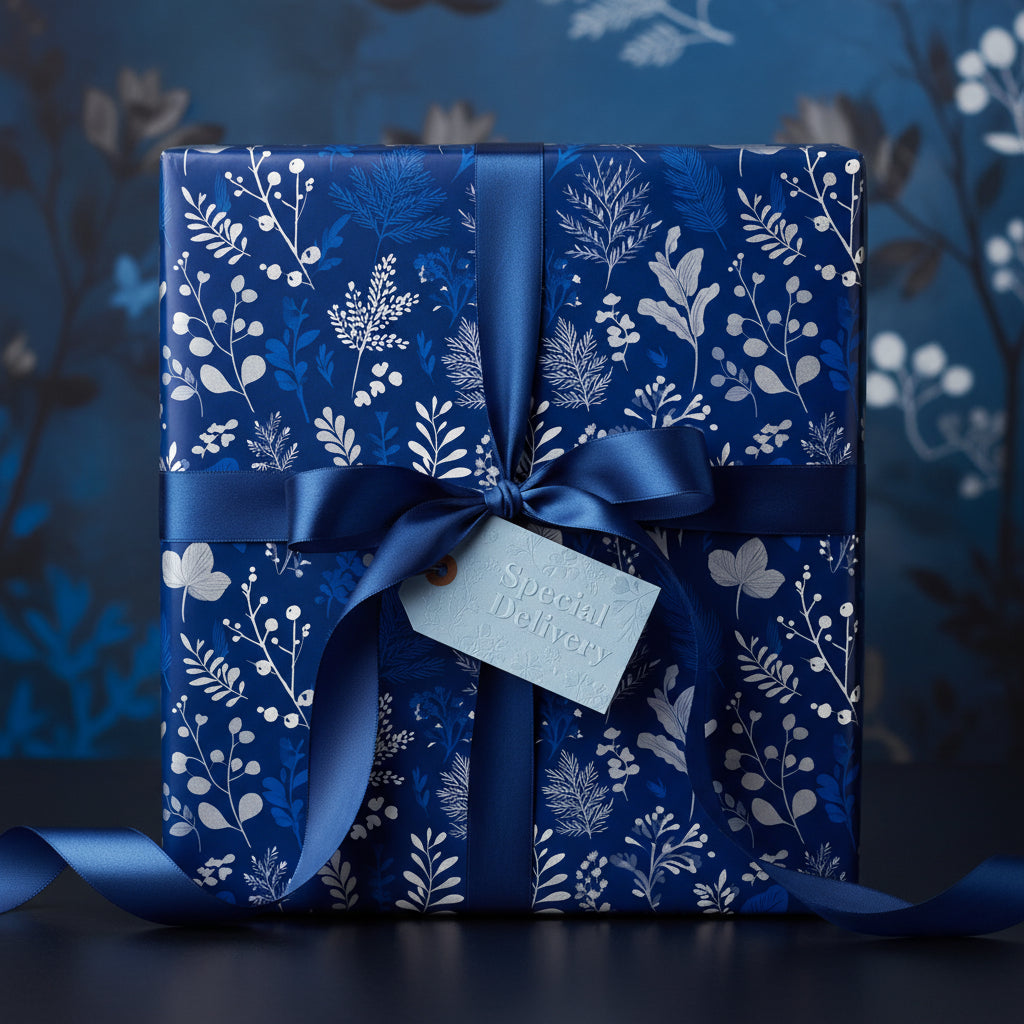 Elegant dark blue floral wrapping paper on a gift box with satin ribbon and "Special Delivery" tag.