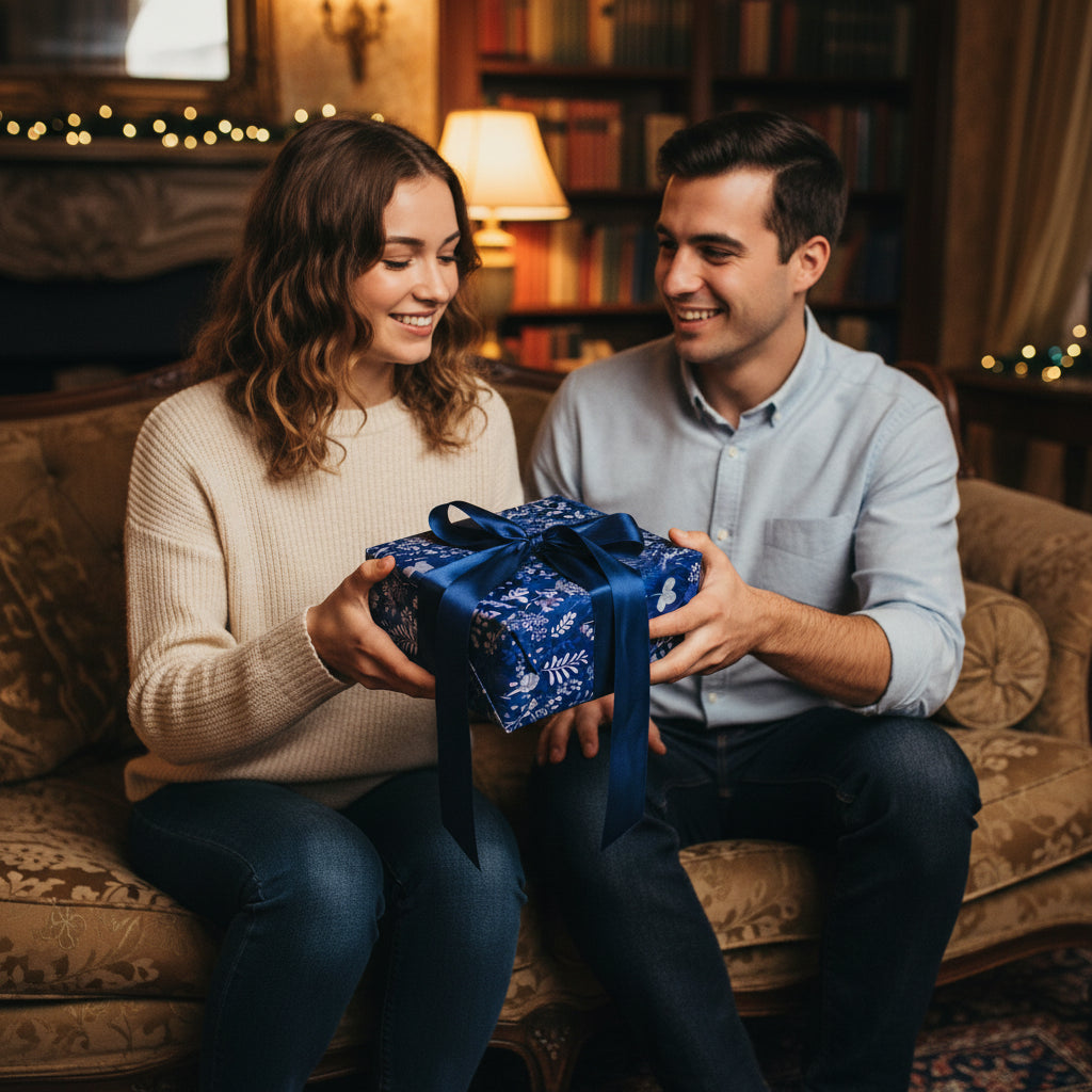 Couple exchanging a present wrapped in elegant blue floral wrapping paper with dark blue satin ribbon.