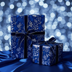 Elegant blue floral wrapping paper with velvet ribbon on beautifully wrapped gifts.