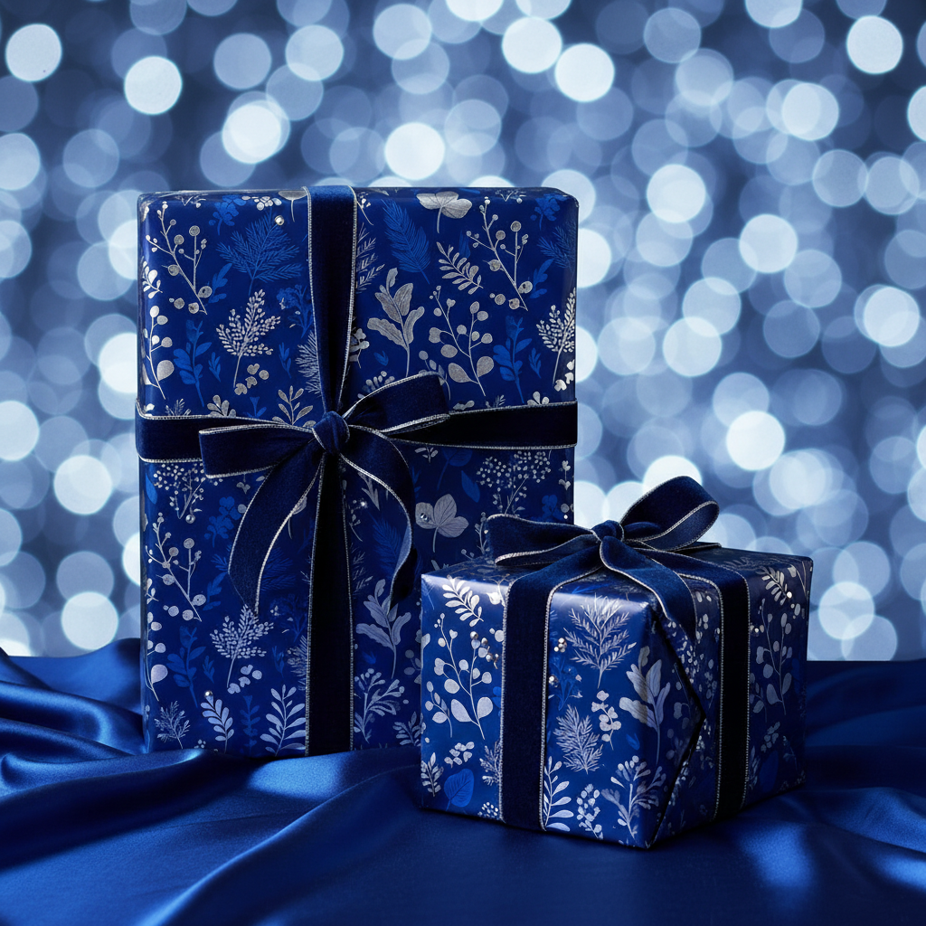Elegant blue floral wrapping paper with velvet ribbon on beautifully wrapped gifts.