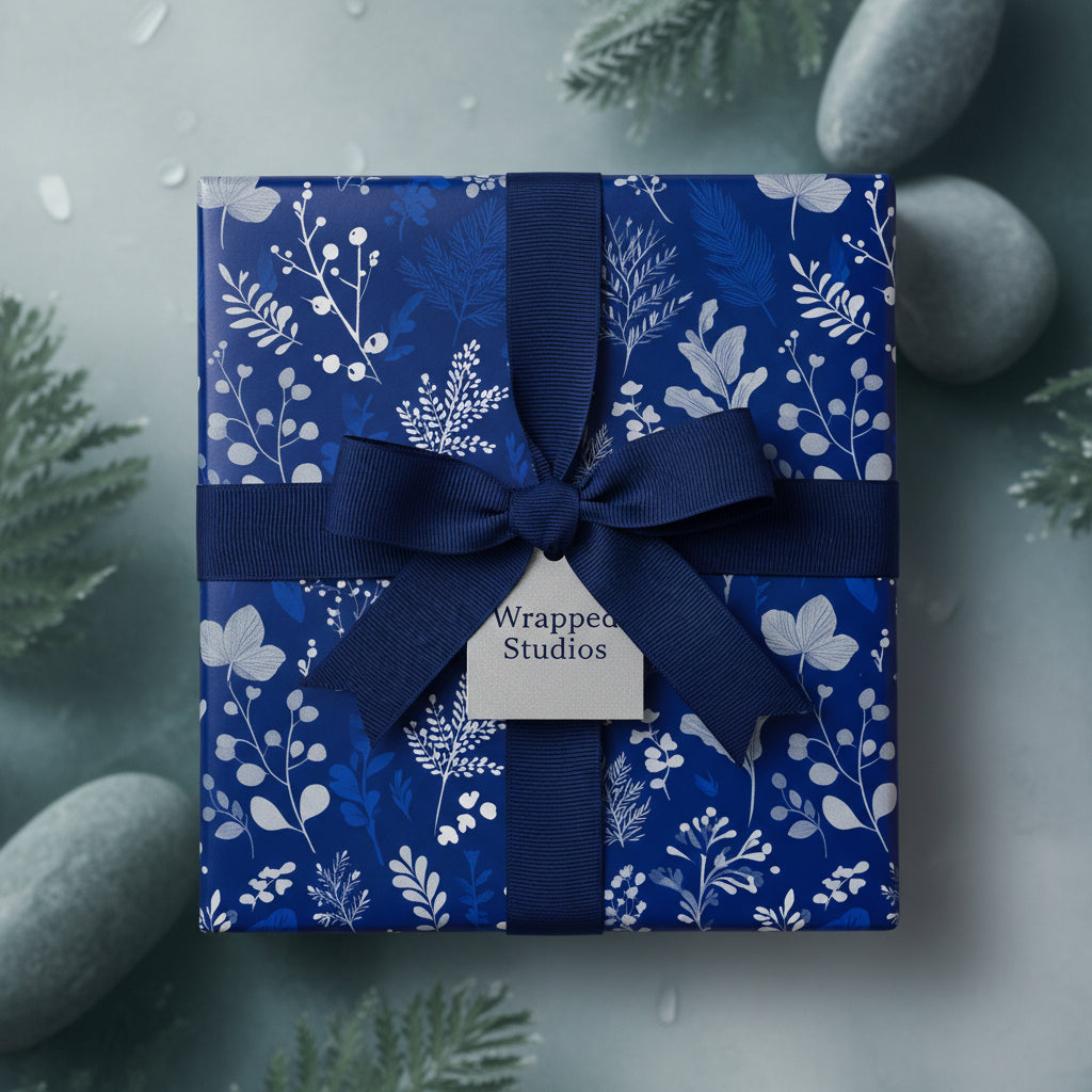 Elegant blue floral wrapping paper with navy ribbon, perfect for Christmas or birthday gifts.