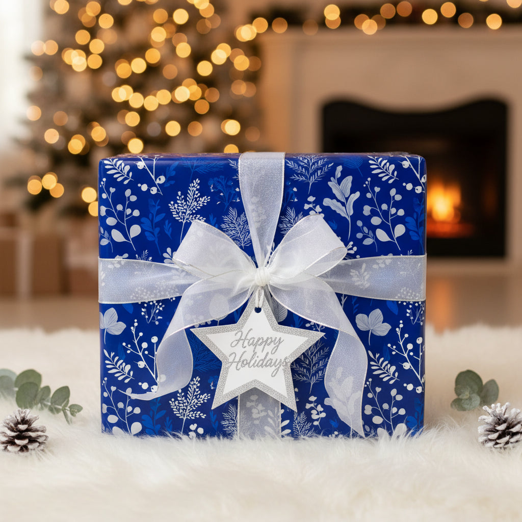 Elegant Christmas gift wrapped in blue floral wrapping paper with a white ribbon bow and "Happy Holidays" tag.