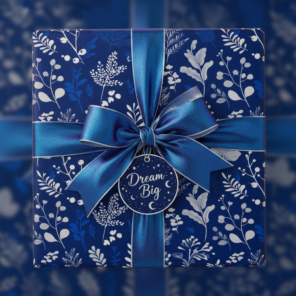 Elegant navy floral wrapping paper with blue satin ribbon, perfect for birthdays or special occasions.