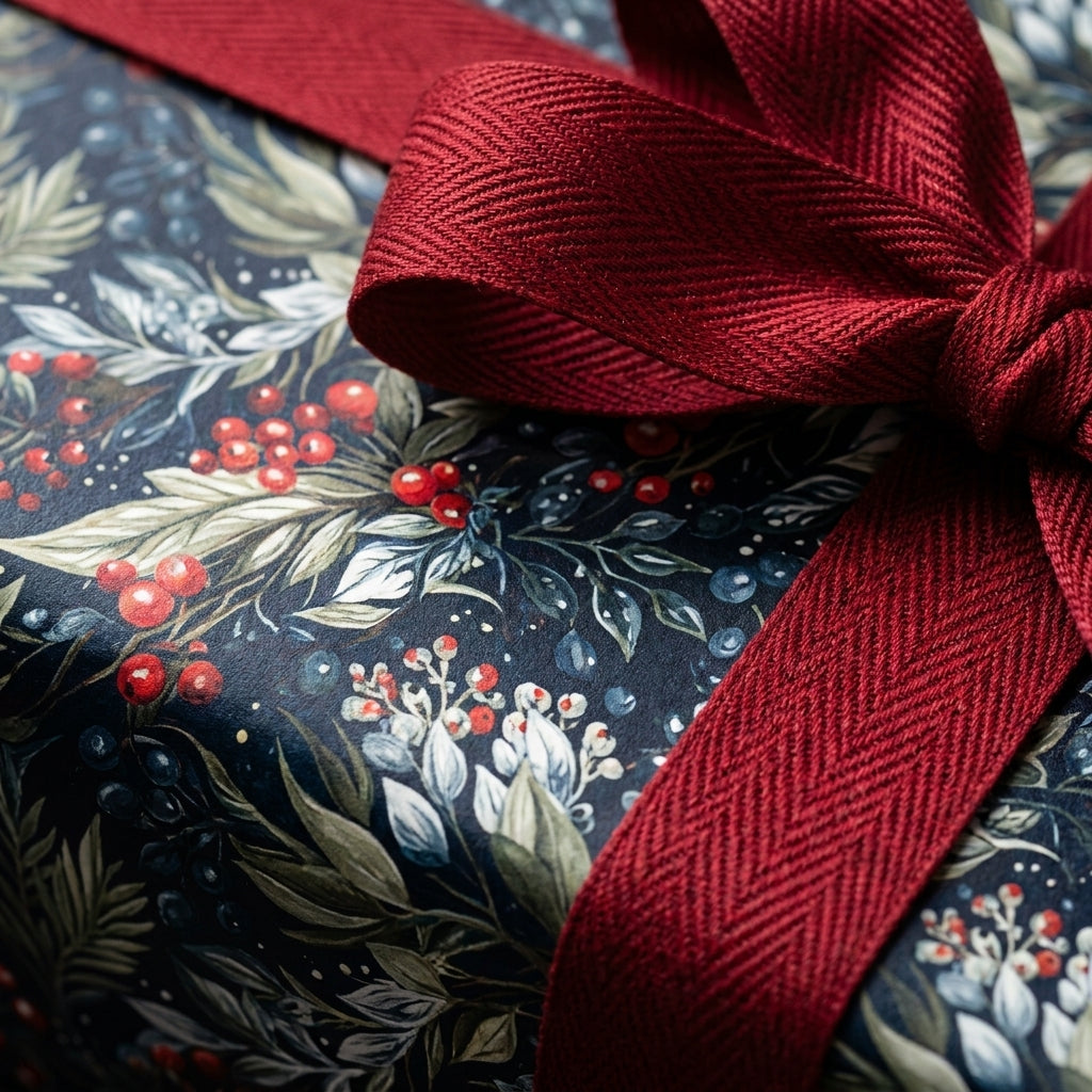 Elegant Christmas wrapping paper with red berry botanical print and textured ribbon by Wrapped Studios.