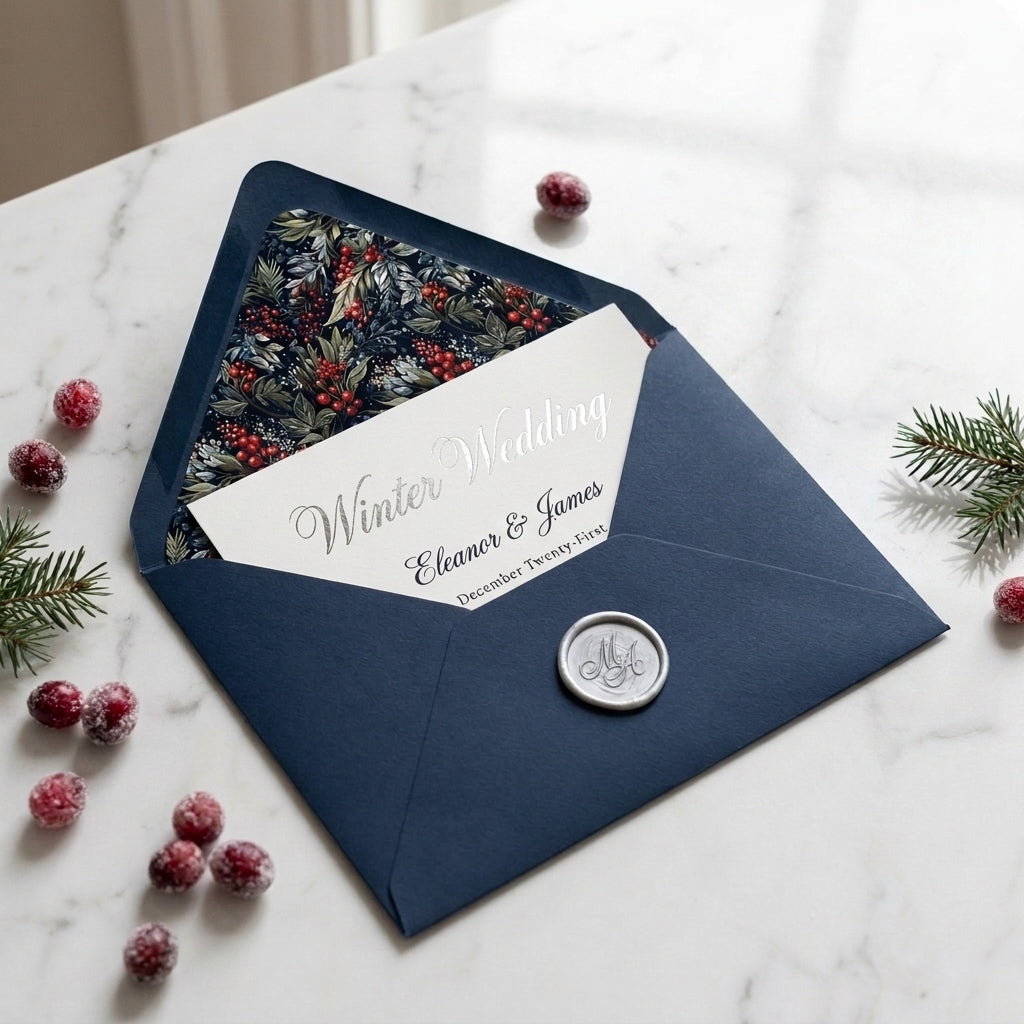 Elegant navy blue winter wedding invitation envelope with holly floral liner by Wrapped Studios.