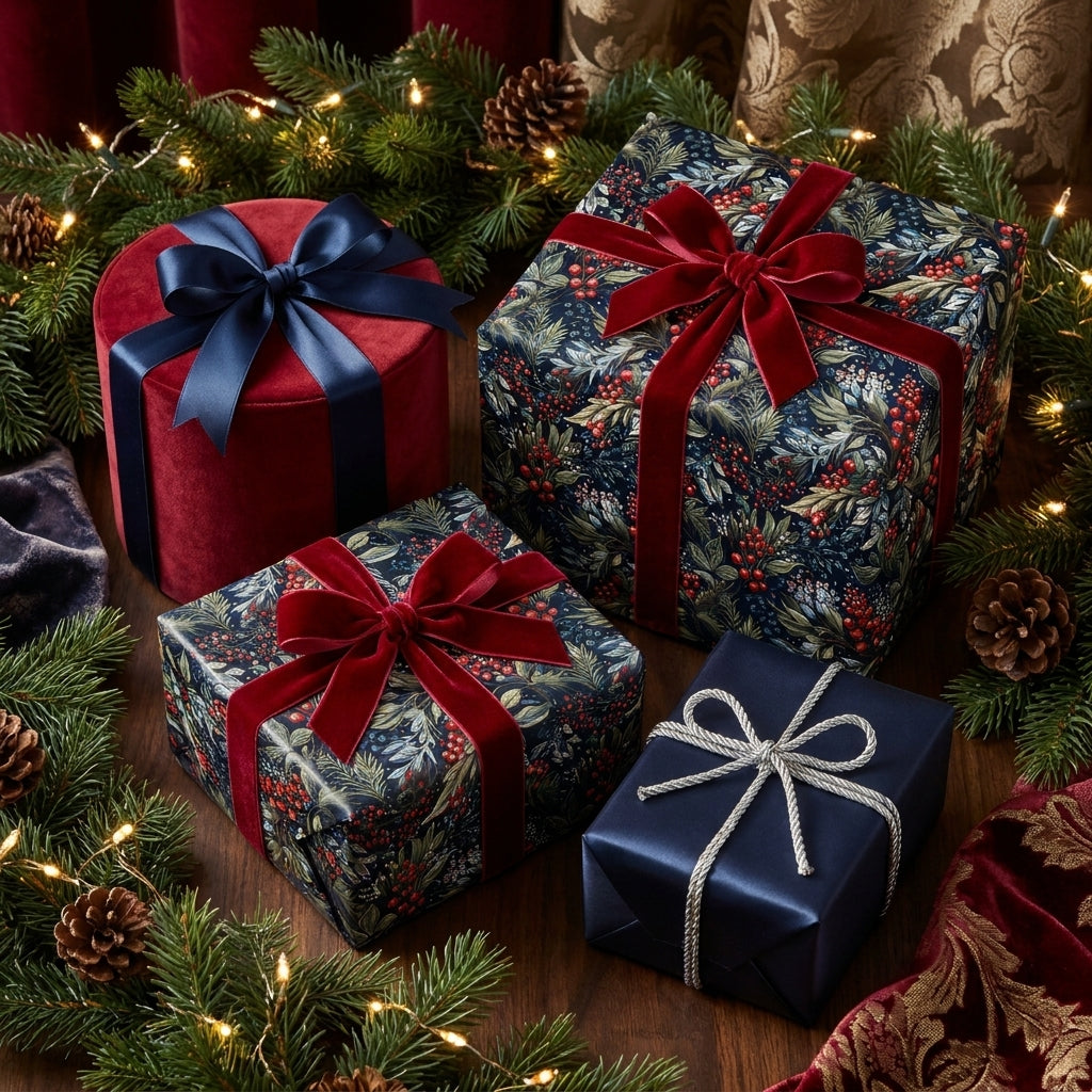 Luxury Christmas wrapping paper with botanical prints and velvet ribbons by Wrapped Studios.