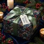 Luxury botanical Christmas wrapping paper in navy with a sage green satin bow by Wrapped Studios.