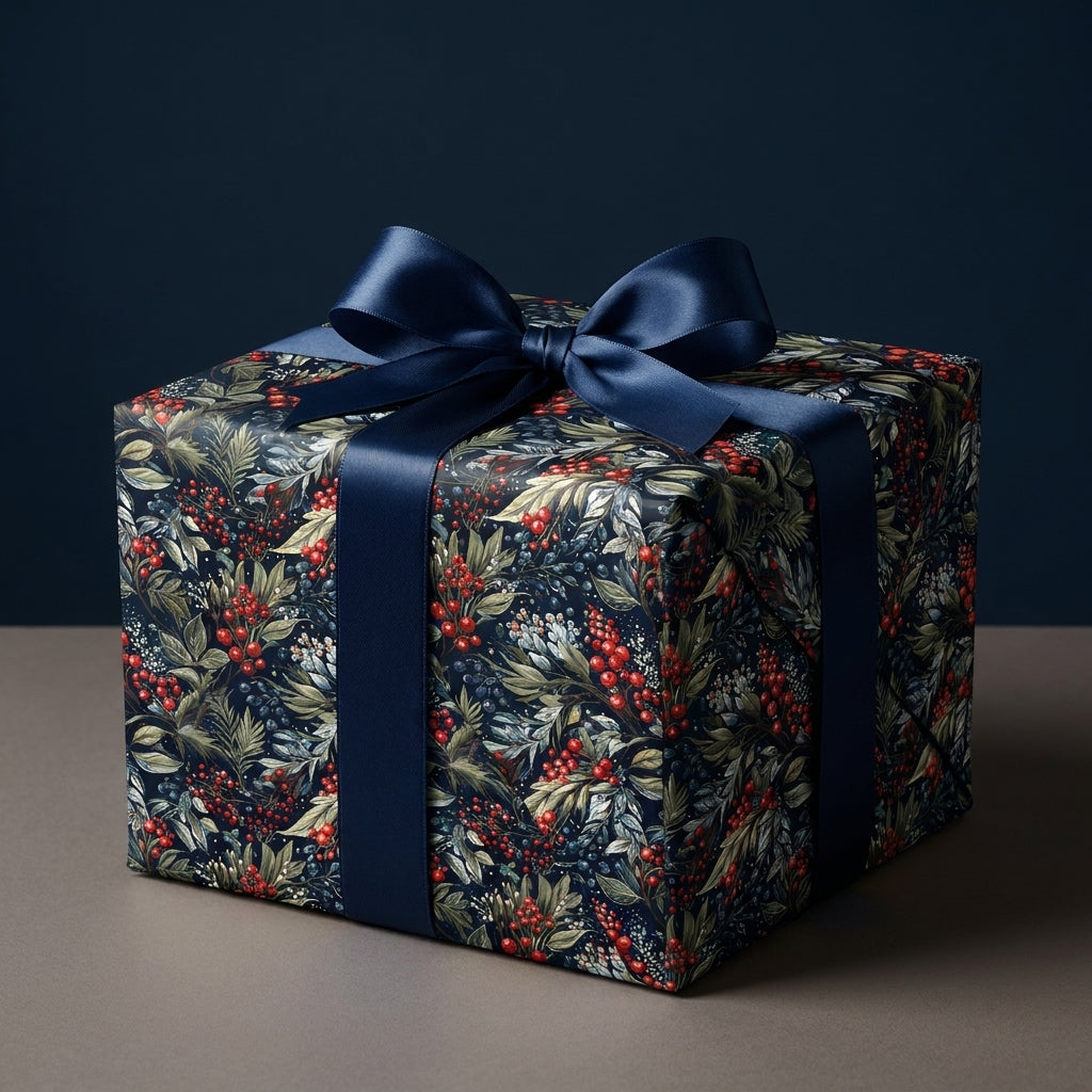 Luxury Christmas wrapping paper with dark floral berry pattern and navy satin bow by Wrapped Studios.
